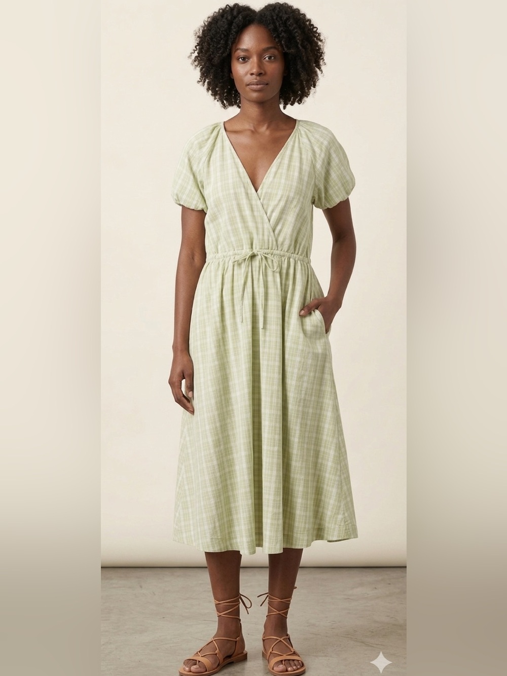 Madewell Sage Green Plaid Puff Sleeve Midi Wrap Dress Pockets S⁠